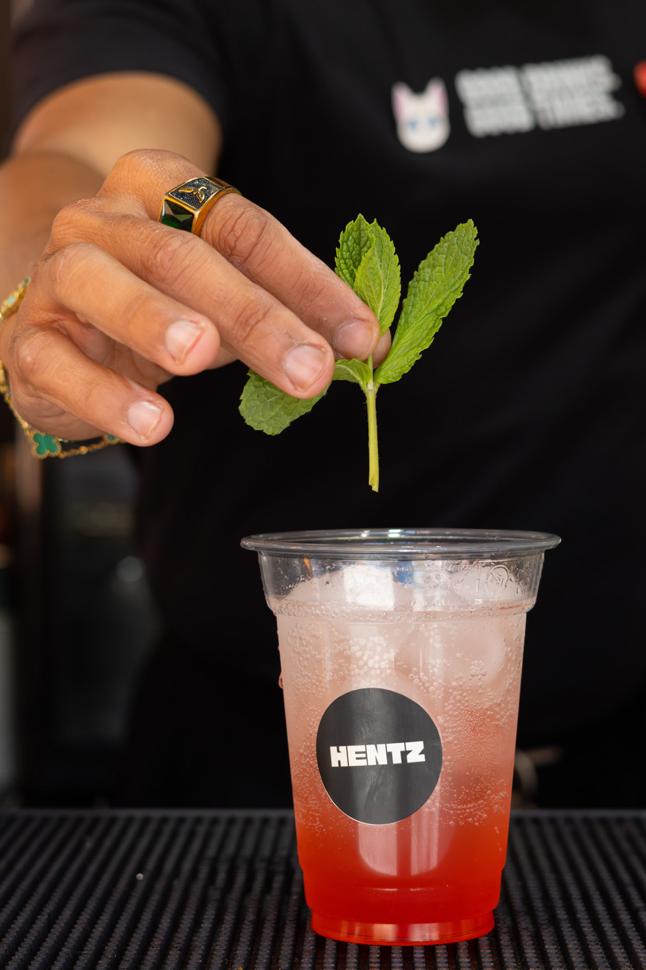 Mão a finalizar um cocktail HENTZ com hortelã fresca
