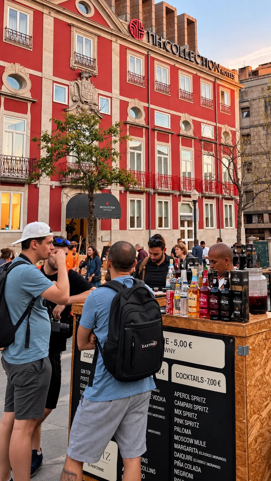 Clientes a pedir bebidas no bar HENTZ montado numa praça da cidade