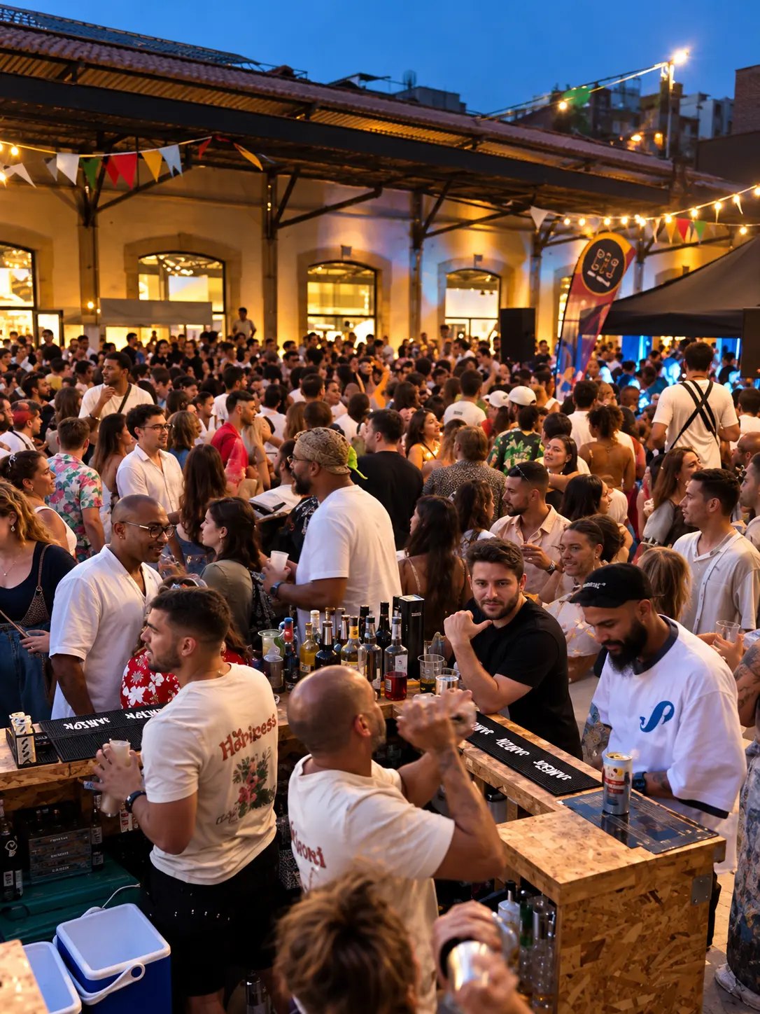 Bar HENTZ num festival ao ar livre à noite, com clientes à espera de bebidas